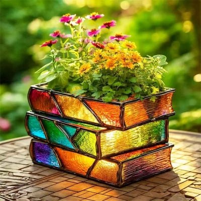pot de fleur biblio exterieur trois livres avec fleurs assorties aux couleurs