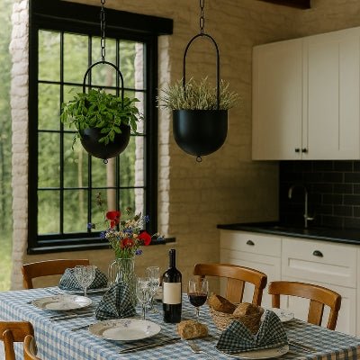 pot de fleur blackus double suspendus au-dessus de table dans cuisine retro
