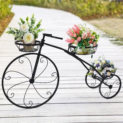 porte plante tricycle retro noir avec trois plateaux pour pots de fleurs 