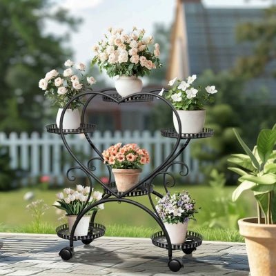 porte plante verdeco forme coeur noir six plateaux design sur terrasse