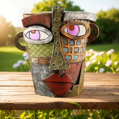 pot de fleur artcubik visage deco vintage sur support bois 