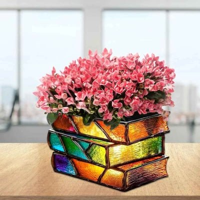 pot de fleur biblio trois livres colorés