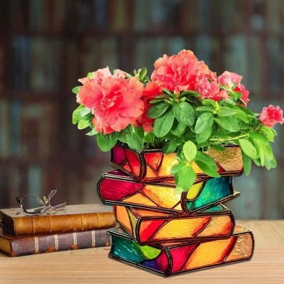 pot de fleur biblio livres avec jolies fleurs