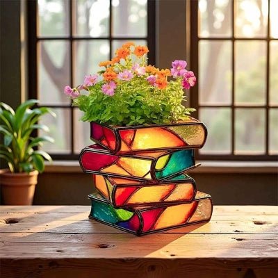 pot de fleur biblio decor en résine de maison sur support en bois