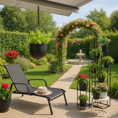 pot de fleur blackus™ suspendu par une crémaillère sous auvent de terrasse dans jardin