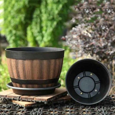 pot de fleur exterieur en forme de tonneau imitation bois