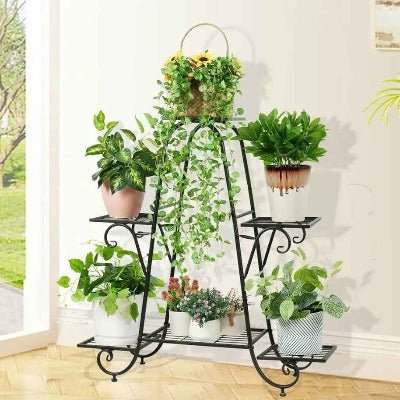 support plante deco avec cinq plateaux de plantes vertes