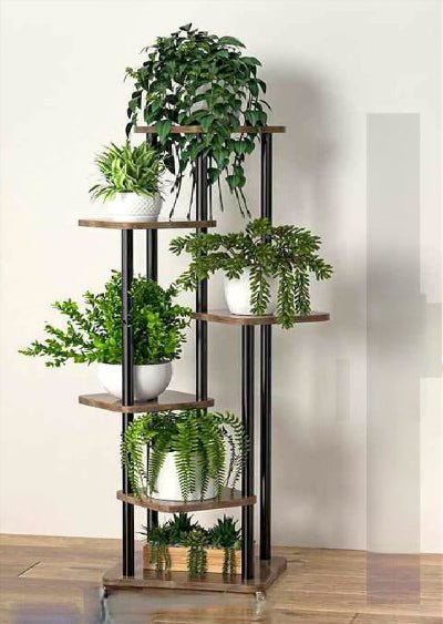 support plante pots multiple plateaux en bois marron