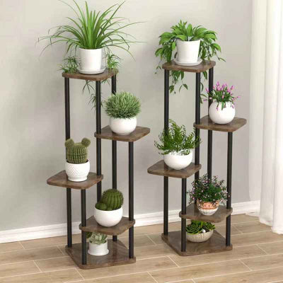 support plante marron six plateaux avec jolis pots blancs
