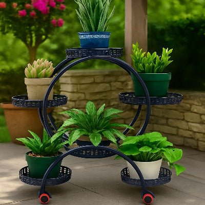 support pour les plantes rond en fer noir et roulettes